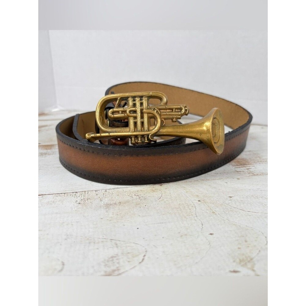 Vintage 70s leather belt Baron solid Brass Buckle cornet trumpet music band 34 - Picture 10 of 16